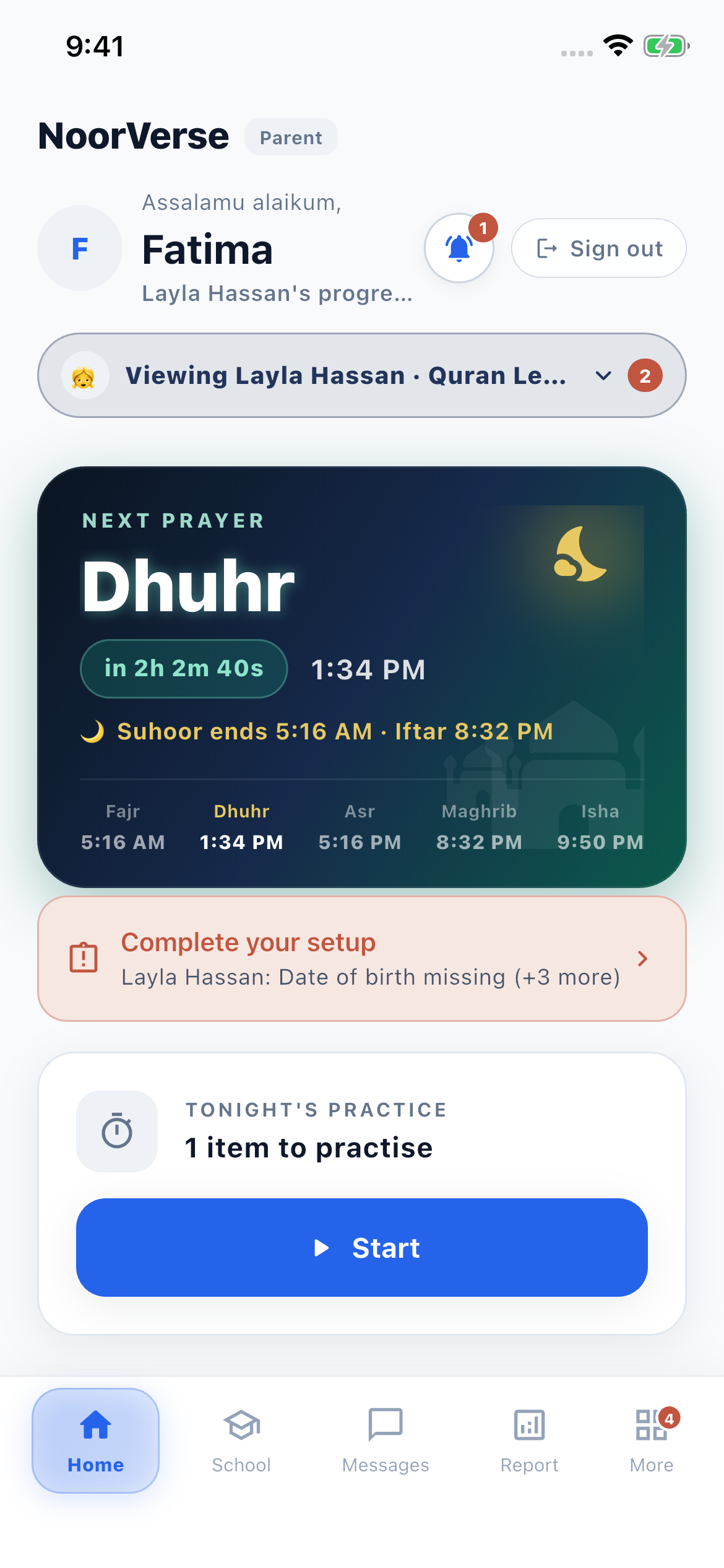 Parent home screen
